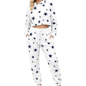 NWT Bloom + Pop White Navy Star Print Lounge Set Joggers Cropped Hoodie Large